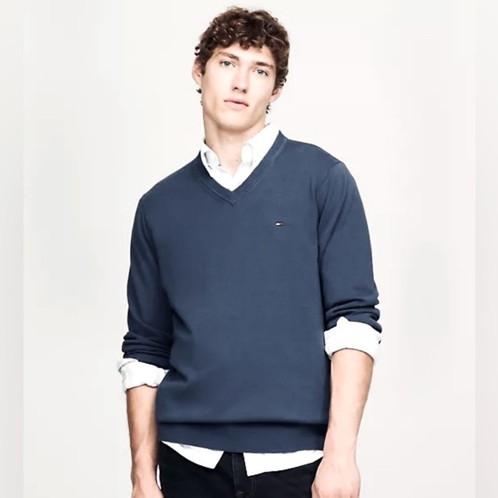 Tommy Hilfiger Men’s Essential Long Sleeve V-Neck, Size XL, Blue/Grey, NWT - Picture 11 of 11
